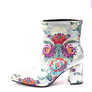 Satin floral brocade ankle boots